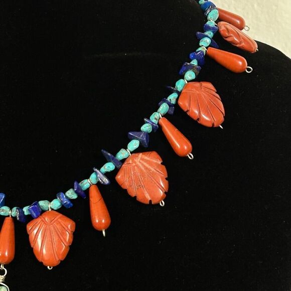 Jasper, Lapis & Turquoise Beaded 18-21.5” Statement Charm Necklace - Picture 4 of 7